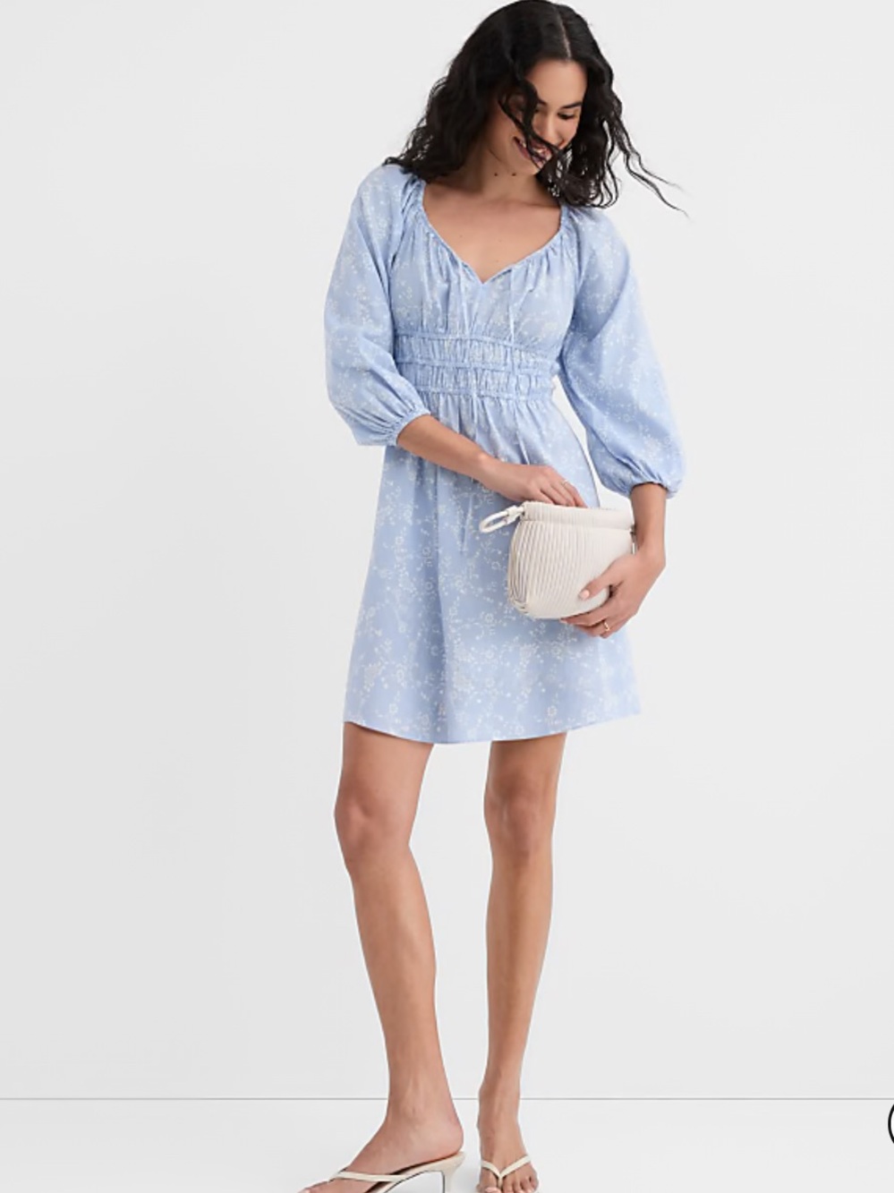 Brand New LOFT Linen Cotton Blue Floral Smocked Waist Dress Size XL